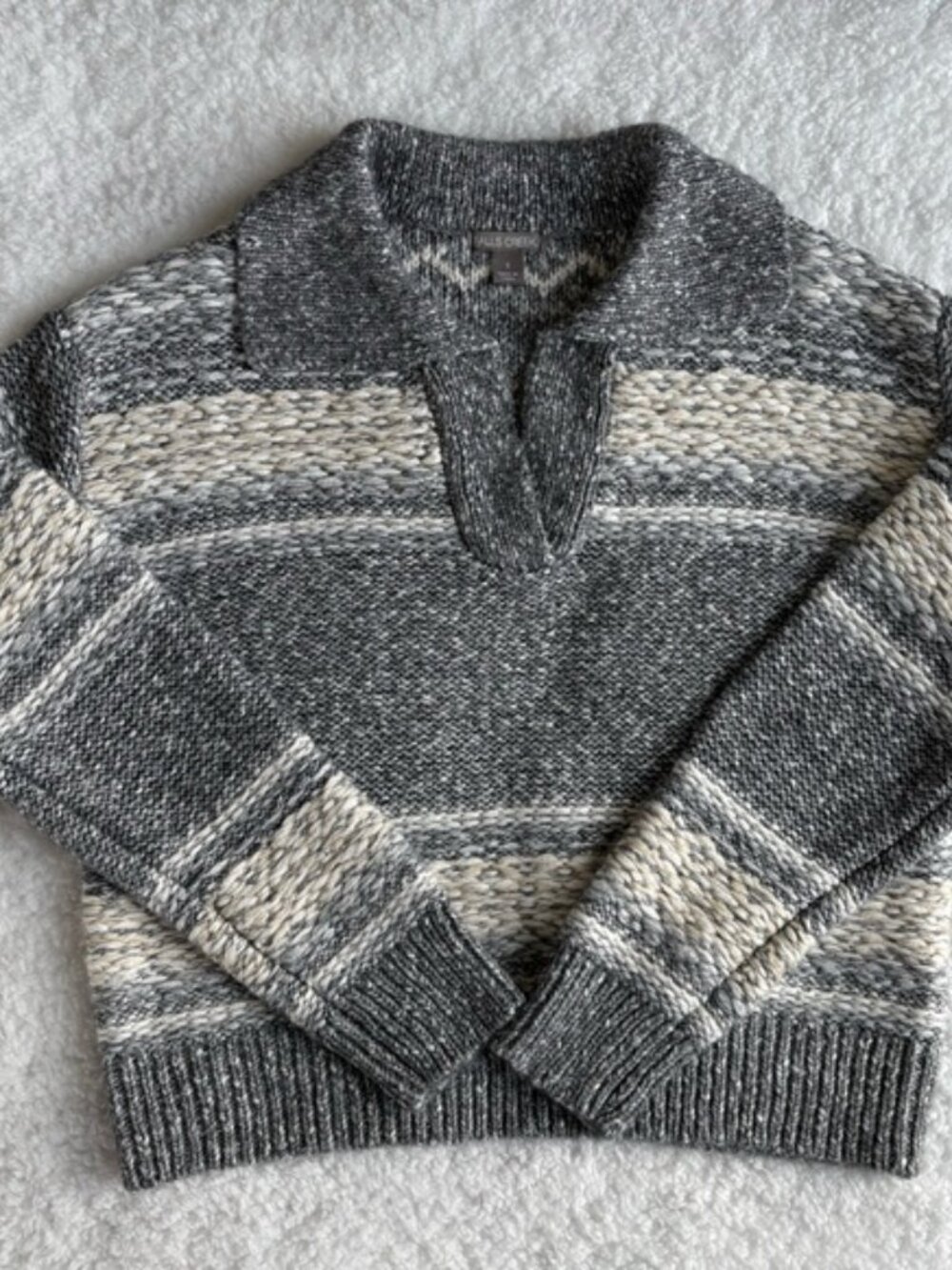 Falls Creek Striped Collared Knit Sweater Gray Cream Chunky Size Large